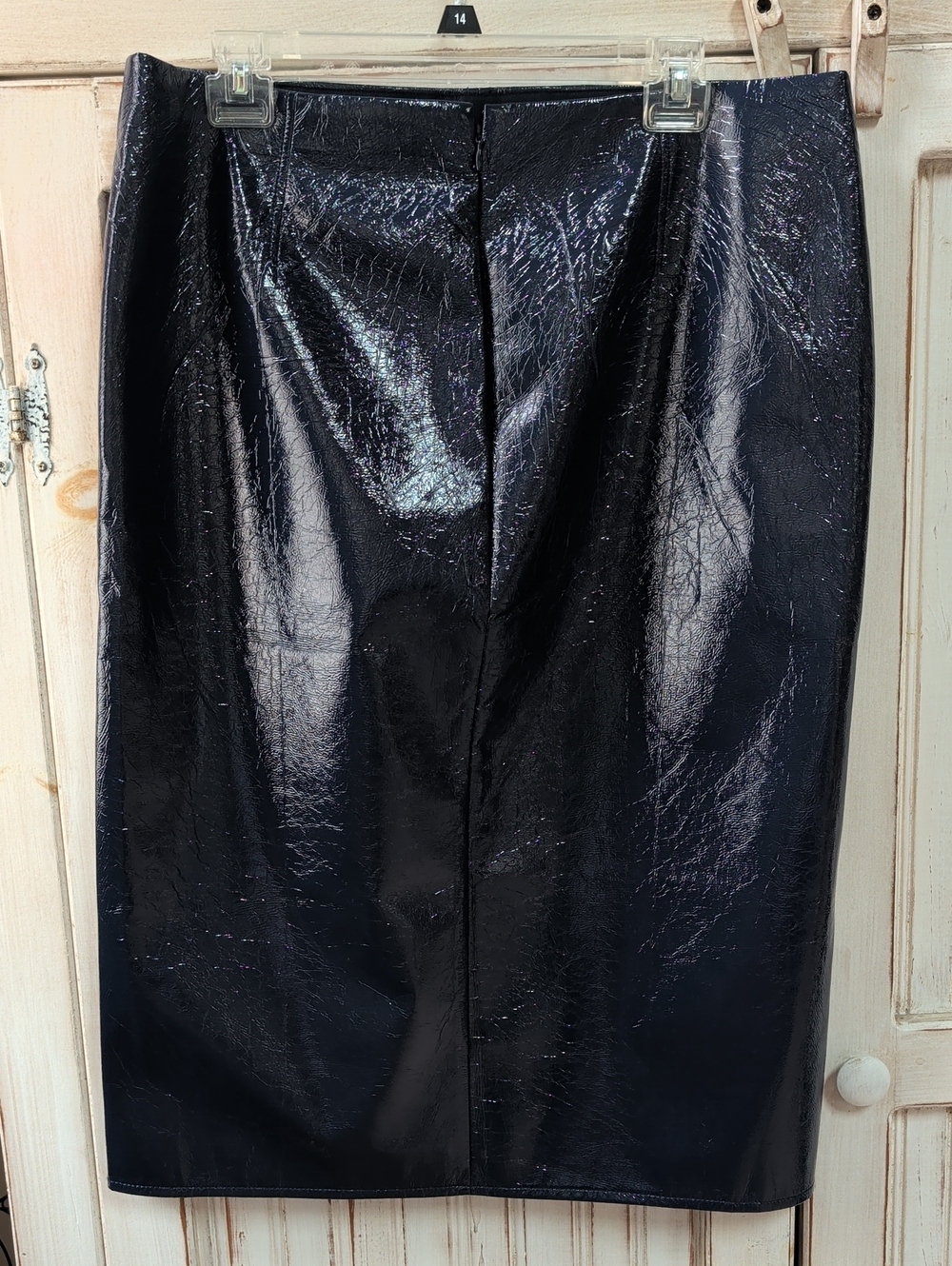 J.Crew, Patch Pocket, Navy Faux Leather Crinkle Skirt. Size 12 - Picture 3 of 10
